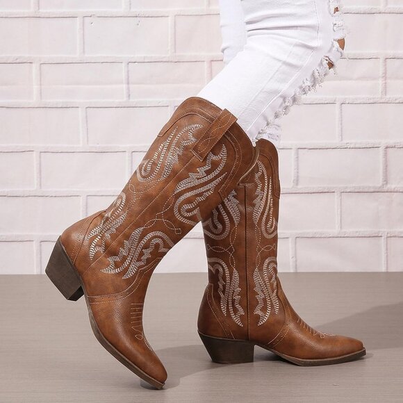 ⚡Women Brown Synthetic Cowgirl Mid Calf Pointed Toe Chunky Block Heel Boots - Picture 5 of 5